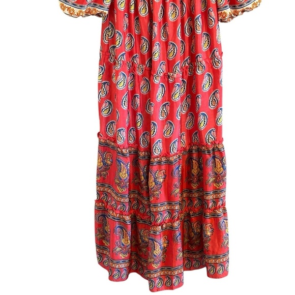 Me 2 Magic Boho Maxi Dress Large Balloon Sleeves Orange Red Retro 70s - Picture 3 of 9